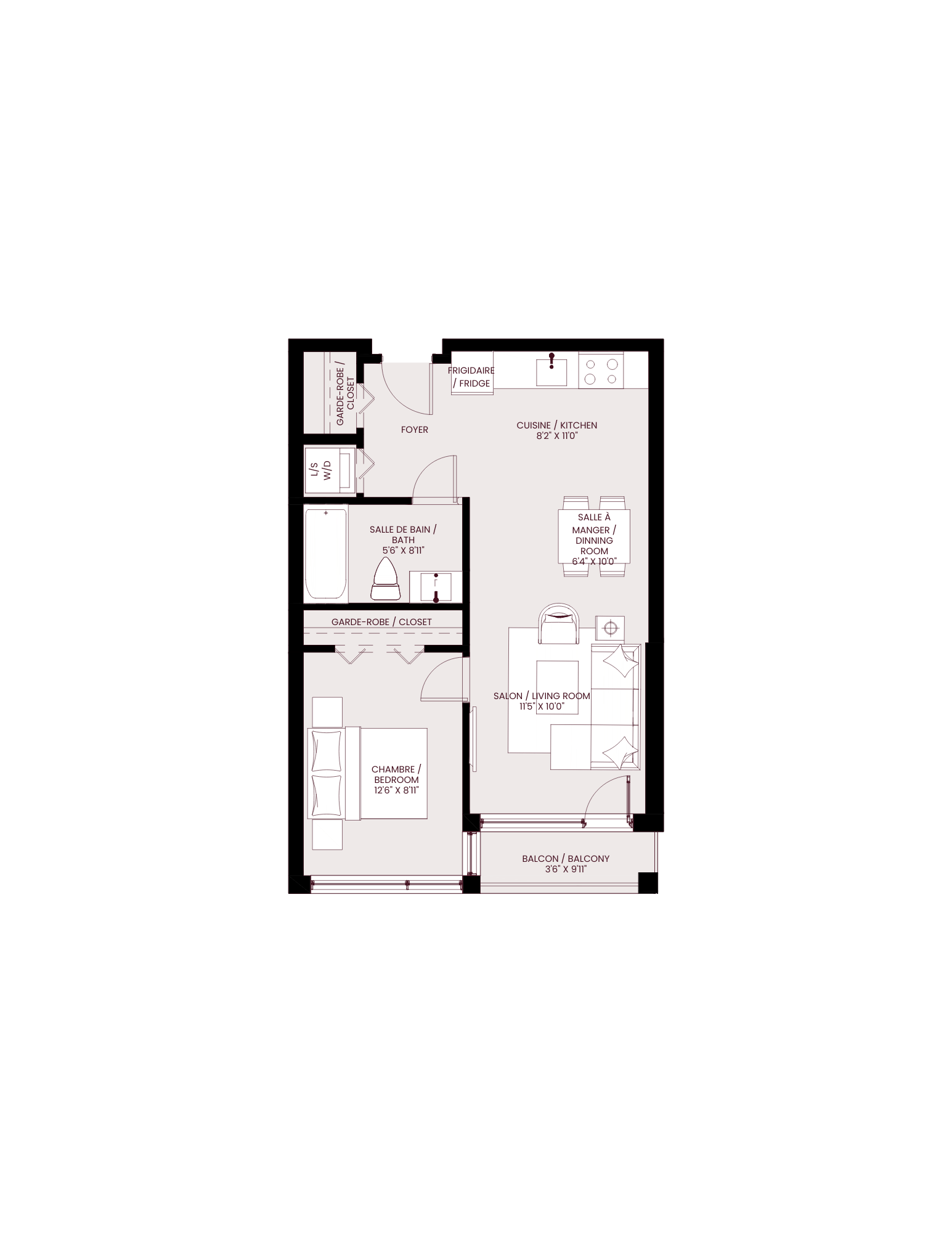 Floor plan for 1 bed, 1 bath, 576 sqft
